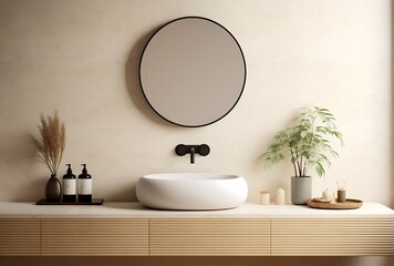 Bathroom interior with round mirror on the wall. 3d render