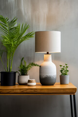 Contemporary concrete table lamp on a modernist setting background with empty space for text 
