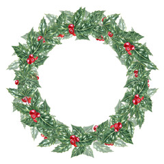 Fototapeta na wymiar Wreath of Green ilex leaves with bunch of red berries. Holly leaves, evergreen shrub. Winter natural decoration. Watercolor illustration for Christmas, New Year cards, greetings. Copy space for text.
