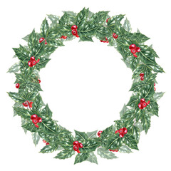 Wreath of Green ilex leaves with bunch of red berries. Holly leaves, evergreen shrub. Winter natural decoration. Watercolor illustration for Christmas, New Year cards, greetings. Copy space for text.