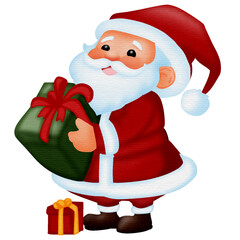 A cute Santa Claus character holding a green present box in hands, Christmas collection design elements.Vector illustration drawing.