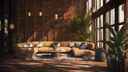 Indoor lounge with wooden textures and plants.