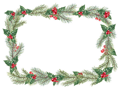 Christmas spruce frame. Green ilex leaves with bunch of red berries. Spruce, Fir, evergreen plant, Holly leaves. Copy space for text. Watercolor illustration for greeting, postcards