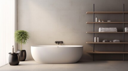 Fototapeta na wymiar Indulge in a minimalist bathroom featuring a freestanding tub and recessed shelving. It's simplicity at its finest, offering a retreat within your own home.