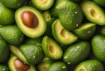 Zelfklevend Fotobehang Green ripe avocado background. Fresh tropical fruit banner. Persea Americana surface, close-up. Guacamole ingredient, generated by AI © SD Danver