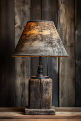 Rustic wooden table lamp on antique desk background with empty space for text  - obrazy, fototapety, plakaty