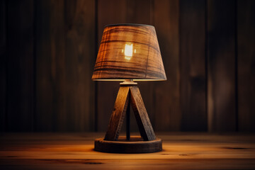 Rustic wooden table lamp radiating ambient light isolated on a gradient background  - obrazy, fototapety, plakaty