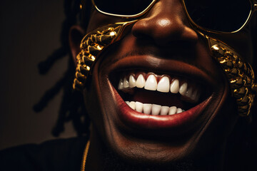 African american rapper laughs, close-up view. American gangster with gold jewelry accessories. Black extravagant rapper from ghetto. Swag gangster face portrait, generated by AI - obrazy, fototapety, plakaty