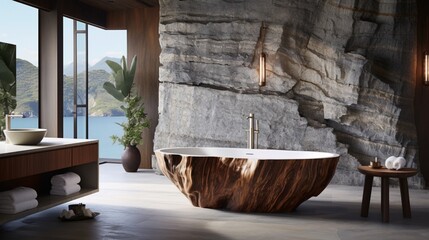 Indulge in a spa-inspired bathroom featuring a freestanding tub and natural materials.