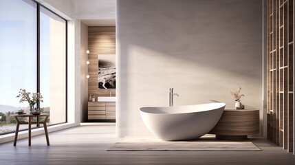Indulge in the luxury of a bathroom featuring a sculptural freestanding bathtub. This is a place where self-care becomes an art. - obrazy, fototapety, plakaty