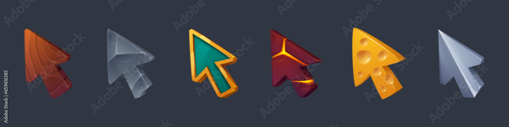 Poster cursor pointers for game user interface. cartoon vector illustration set of various mouse arrows mad