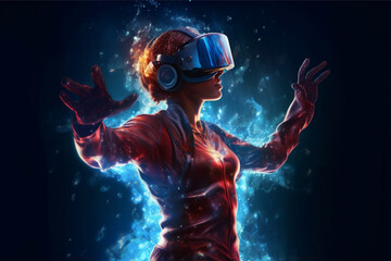 Person wearing virtual reality goggles. Future metaverse technology concept. 