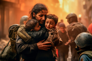 people victims of bombings, war and desolation, hugging family, children