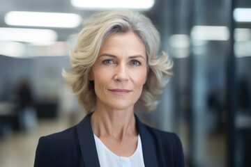 White american businesswoman face portrait, blurred modern office background. Beautiful aged female boss in corporate style. Woman CEO of business, generated by AI