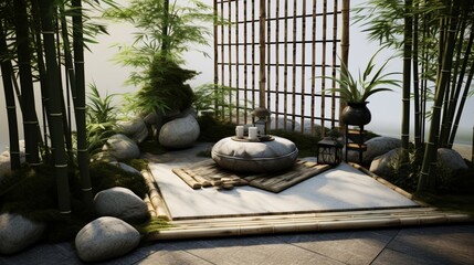 Japanese Zen garden corner with bamboo elements.