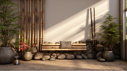 Japanese Zen garden corner with bamboo elements.