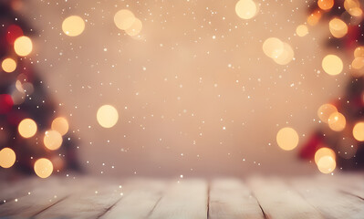 Empty wooden table, blurred Christmas background