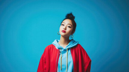 Portrait of asian trendy fashion gen z teen girl, korean young woman in red jacket on blue.