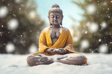 A statue of a Buddha sitting peacefully in the snow. This image can be used to represent serenity and tranquility in any context.