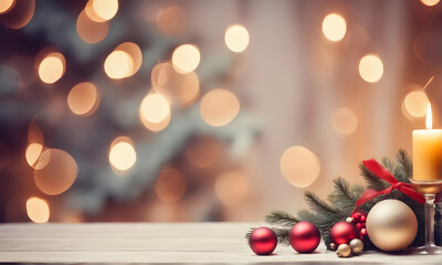 Empty wooden table, blurred Christmas background