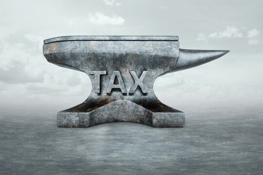Heavy anvil and taxes text on a white background. Concept tax burden, burden of responsibility, tax return, responsibilities. 3D illustration, 3D render.