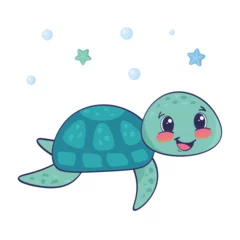 Selbstklebende Fototapeten Cute smiling turtle with doodle elements on white background. Childish character. Colored flat cartoon vector illustration © Kristina