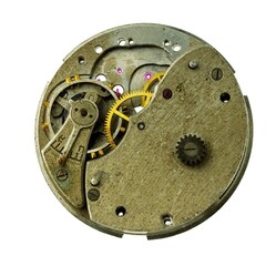 A broken old mechanical watch mechanism. Isolate on a white background