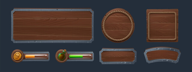 Wooden frames and boards with copy space, score bars for game user interface design. Cartoon set of round and rectangular menu and text panels and banners with texture of wood and metal or rope border - obrazy, fototapety, plakaty