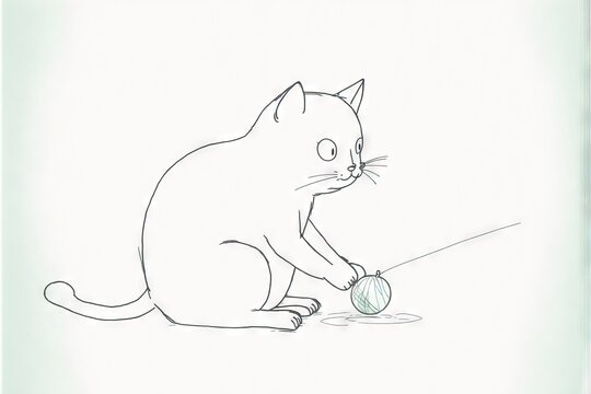 a drawing of a cat playing with a ball of yarn and a string on a white background with a green border around it and a green border around the edge of the image is a.