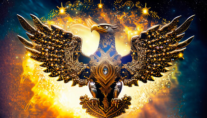 Eagle symbol in gold with decorations - obrazy, fototapety, plakaty