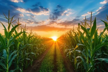 Beautiful corn field background. Agriculture horizontal banner generated by AI