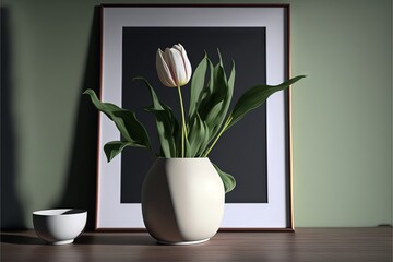 a white vase with a flower in it on a table next to a cup and a framed picture on a wall. Generative ai