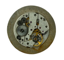 A broken old mechanical watch mechanism. Isolate on a white background