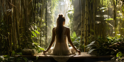 Femme au milieu d'une forêt de bambou en pleine méditation, yoga. Woman in the middle of a bamboo forest meditating, yoga - obrazy, fototapety, plakaty