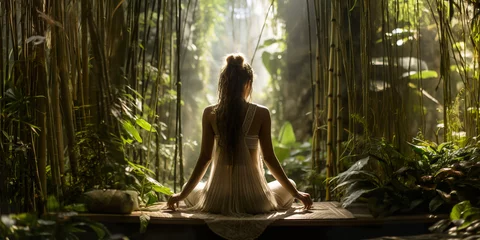 Tuinposter Femme au milieu d'une forêt de bambou en pleine méditation, yoga. Woman in the middle of a bamboo forest meditating, yoga © Jerome Mettling