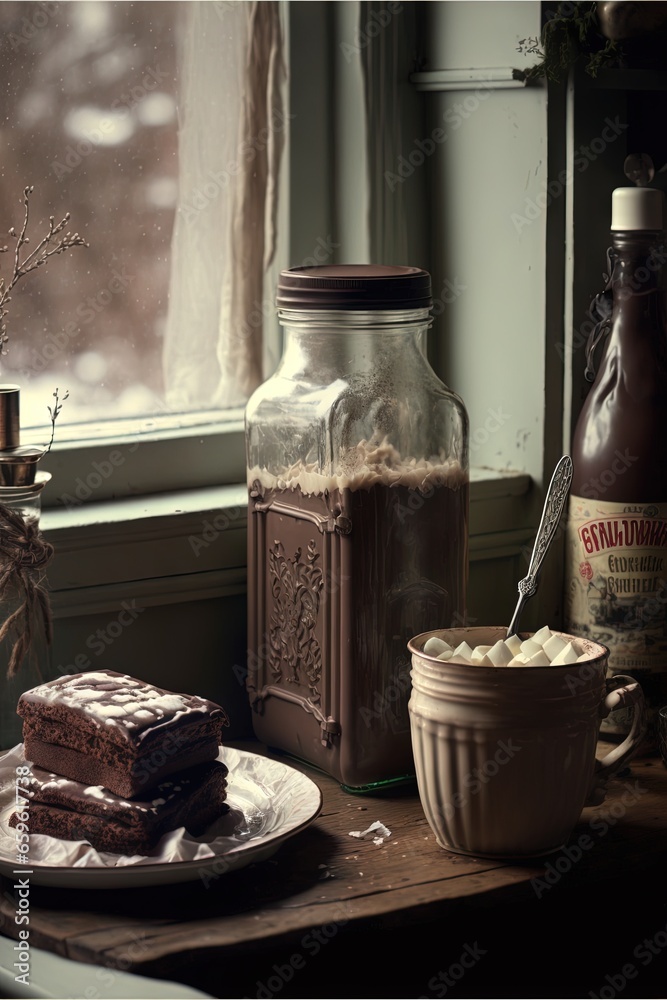 Poster a plate of cake next to a jar of ice cream and a glass of milk and a bottle of syrup. generative ai