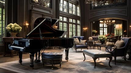 Let the grand piano take center stage in a music room, commanding attention with its timeless elegance.
