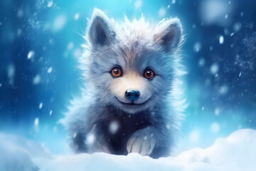 Cartoon cute little white wolf cub with kind eyes in winter on the snow