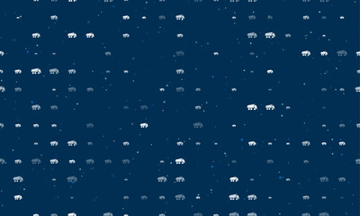 Seamless background pattern of evenly spaced white truck symbols of different sizes and opacity. Vector illustration on dark blue background with stars