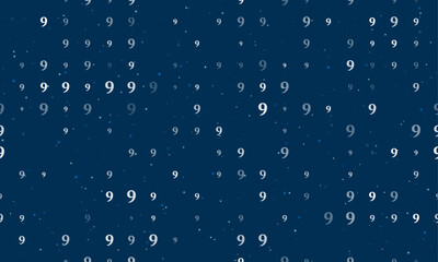 Seamless background pattern of evenly spaced white number nine symbols of different sizes and opacity. Vector illustration on dark blue background with stars