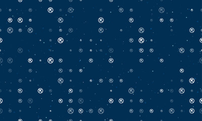 Seamless background pattern of evenly spaced white no right turn signs of different sizes and opacity. Vector illustration on dark blue background with stars