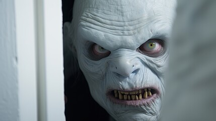 Naklejka premium Creepy creature in the house. Scary monster. Demonic horrific.