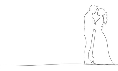 Kiss couple one line continuous. Man and woman hand drawn outline. Just married couple line art. Vector illustraiton.