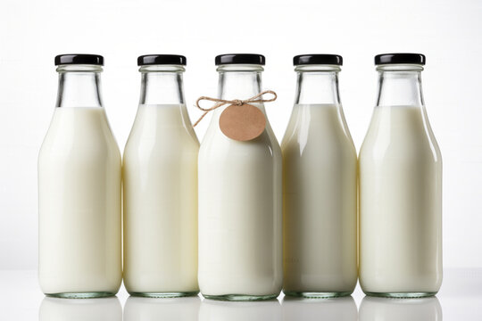 A fresh milk bottle, standing alone against a pure white background