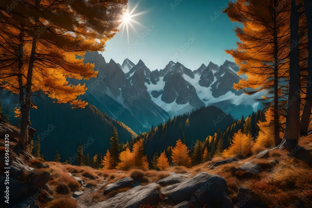 Wall mural Panorama mountain autumn landscape - AI Generative - Wall murals