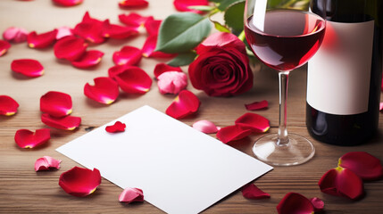 Fototapeta na wymiar Valentine's Day Blank Love Greeting Card Mockup With Red Wine Glass And Red Rose Petals. Romantic Blank White Love Card Template. Generative AI