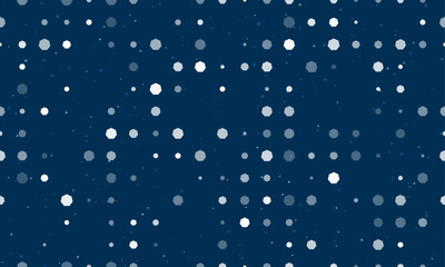 Seamless background pattern of evenly spaced white heptagon symbols of different sizes and opacity. Vector illustration on dark blue background with stars
