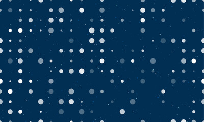 Seamless background pattern of evenly spaced white nonagon symbols of different sizes and opacity. Vector illustration on dark blue background with stars