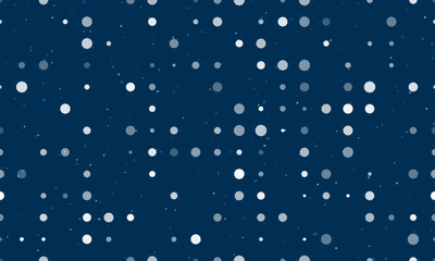 Seamless background pattern of evenly spaced white decagon symbols of different sizes and opacity. Vector illustration on dark blue background with stars