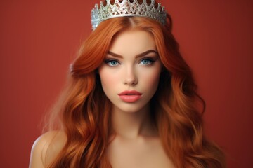 A woman with vibrant red hair proudly wearing a regal crown. This image can be used to represent royalty, power, or a strong and confident female leader.